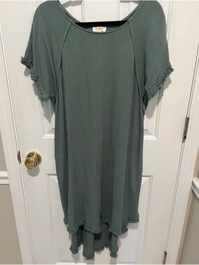 Umgee Sage Green High-Low Short Sleeve Frayed Hem Dress
